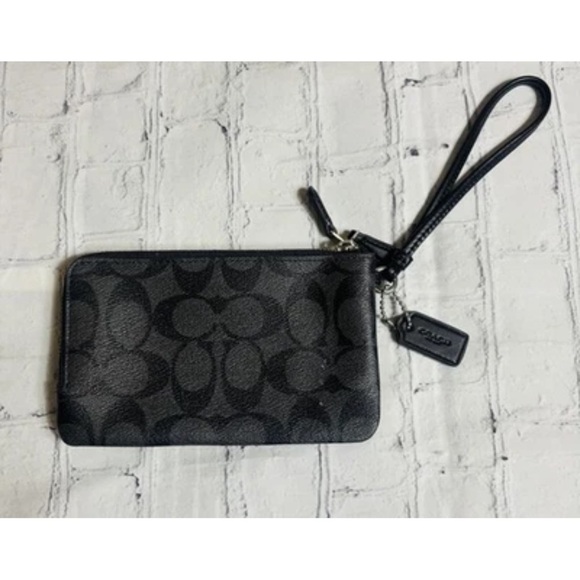 COACH Signature Double Corner Zip Wristlet Wallet Black Smoke PVC - Picture 4 of 10